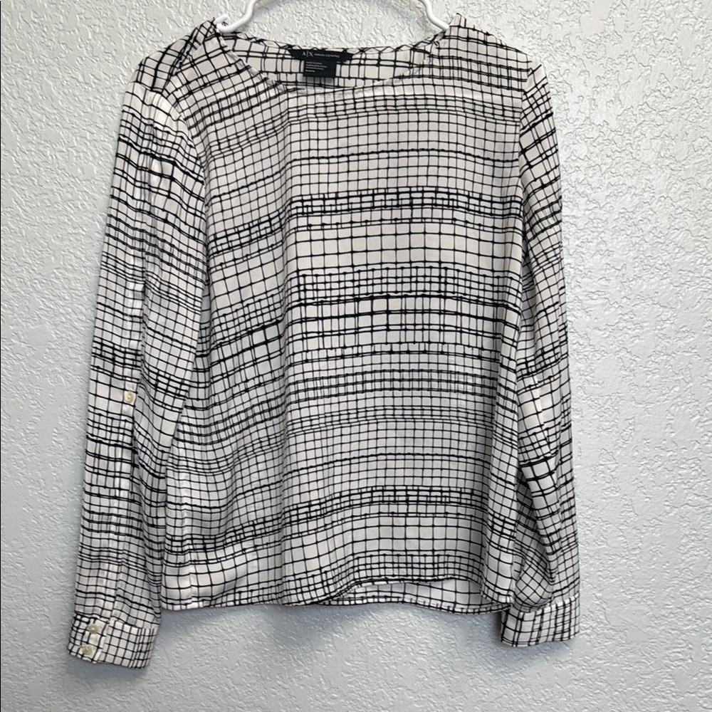 Armani Exchange Boxy Long Sleeve Black and White Blouse